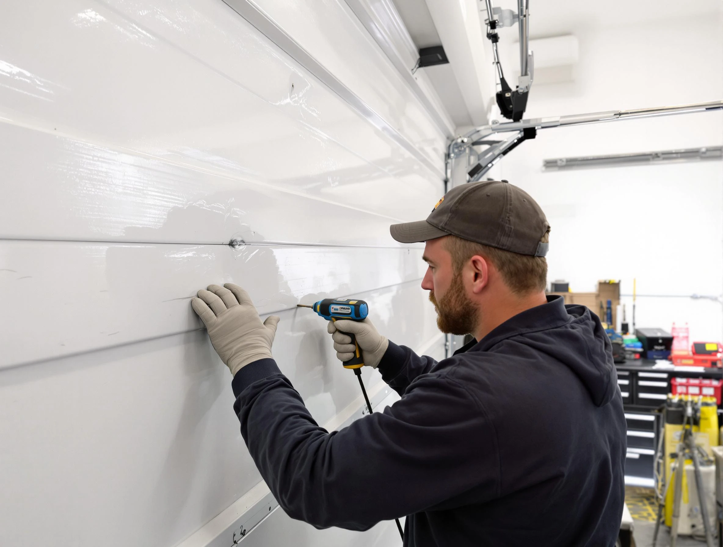 Conyers Garage Door Repair technician demonstrating precision dent removal techniques on a Conyers garage door